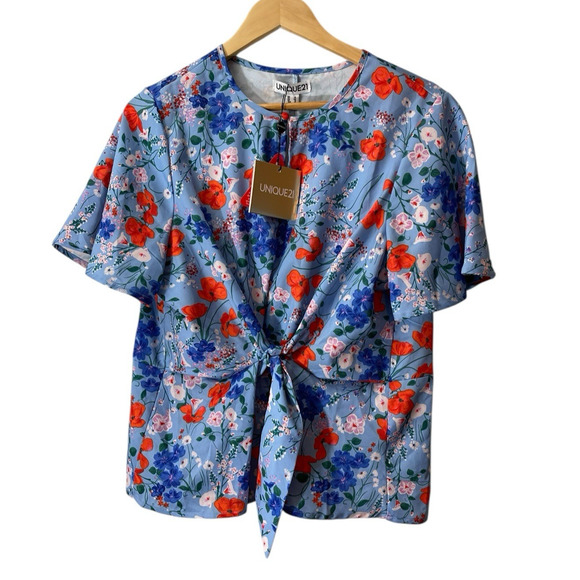 Unique 21 Blue Floral Short Sleeve Blouse Women's 10 Business Office Front Tie - Picture 1 of 4